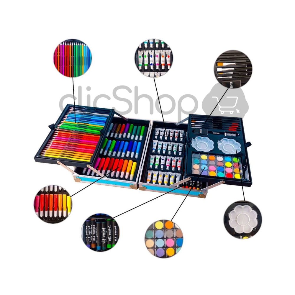 Kit Colores 145 Piezas En Maleta Doble Piso+croquera Dibujo